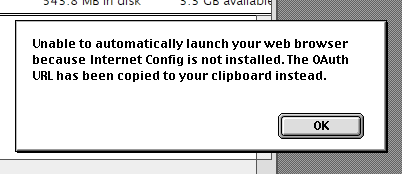 Macsoton claiming internet config is not install so the OAuth URl gets saved to your clipboard.